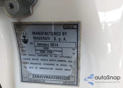 2014 Maserati Granturismo Mc/Sport из США, поврежденный, VIN ZAM45VMAXE0093339